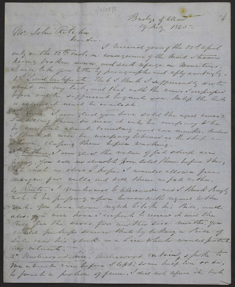 Correspondence from Daniel Ritchie, Bridge of Allen Scotland, to John Ritchie, 19 July 1865