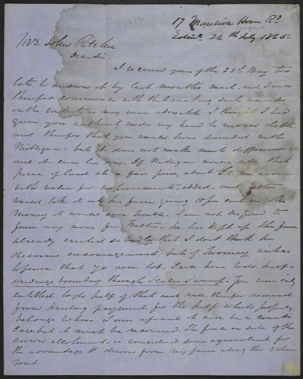 Correspondence from Daniel Ritchie, Edinburgh, to John Ritchie, 24 August 1865