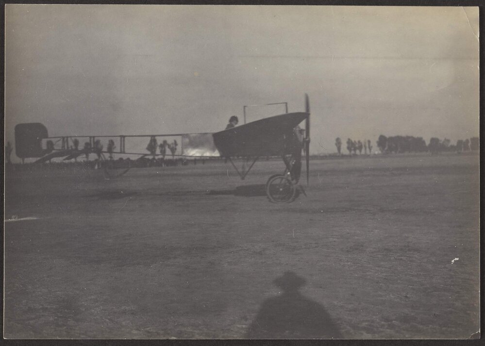 French aeroplanist Simon getting up speed for a flight, on a Bleriot machine, Mexico.