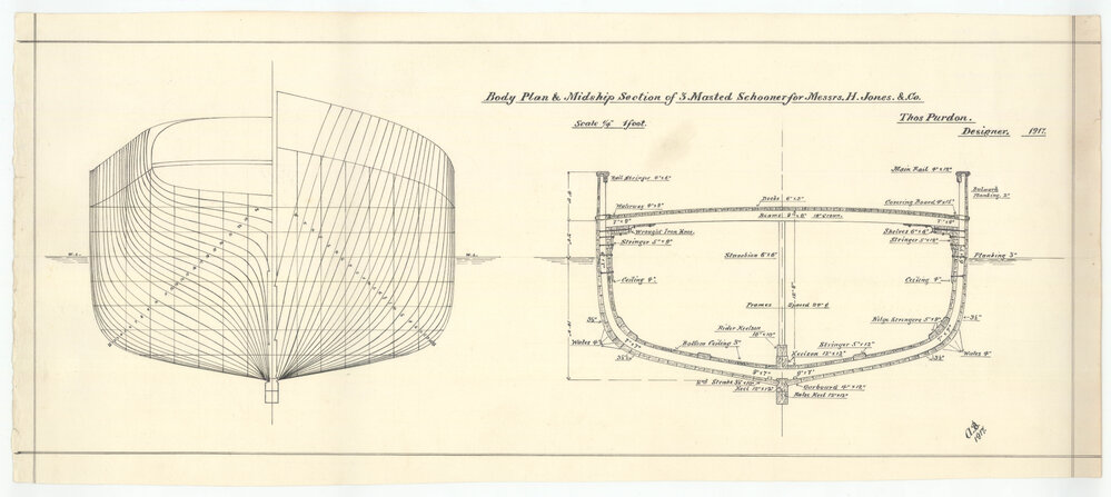 Body Plan &amp; Midship Section of 3 Masted Schooner for Messrs H. Jones &amp; Co.