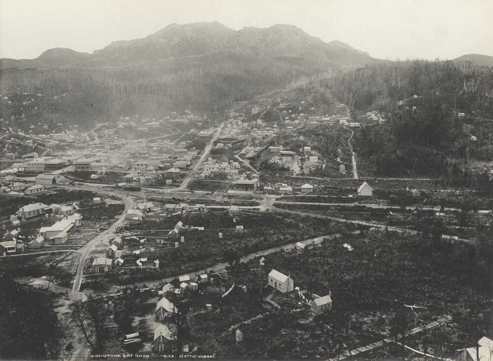 An overview of Queenstown, Tasmania, base of the operations of the Mount Lyell Mining and Railway Co. Ltd.