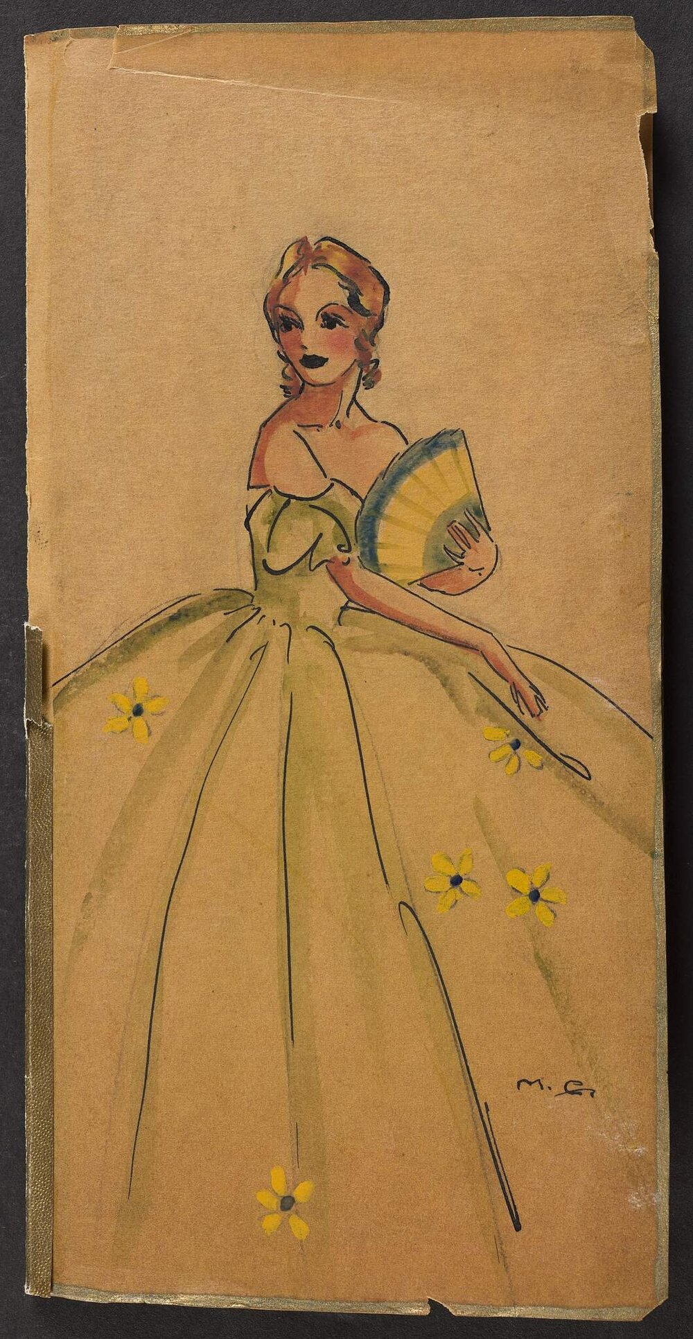 Bridge scorecard holder illustrated with lady in green gown, holding fan