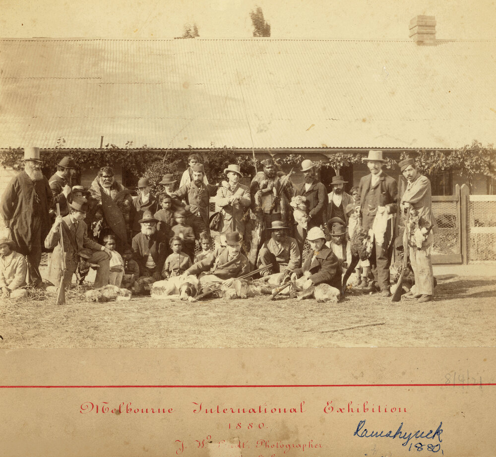 Hunting party outside original homestead Ramahyuck Mission Station