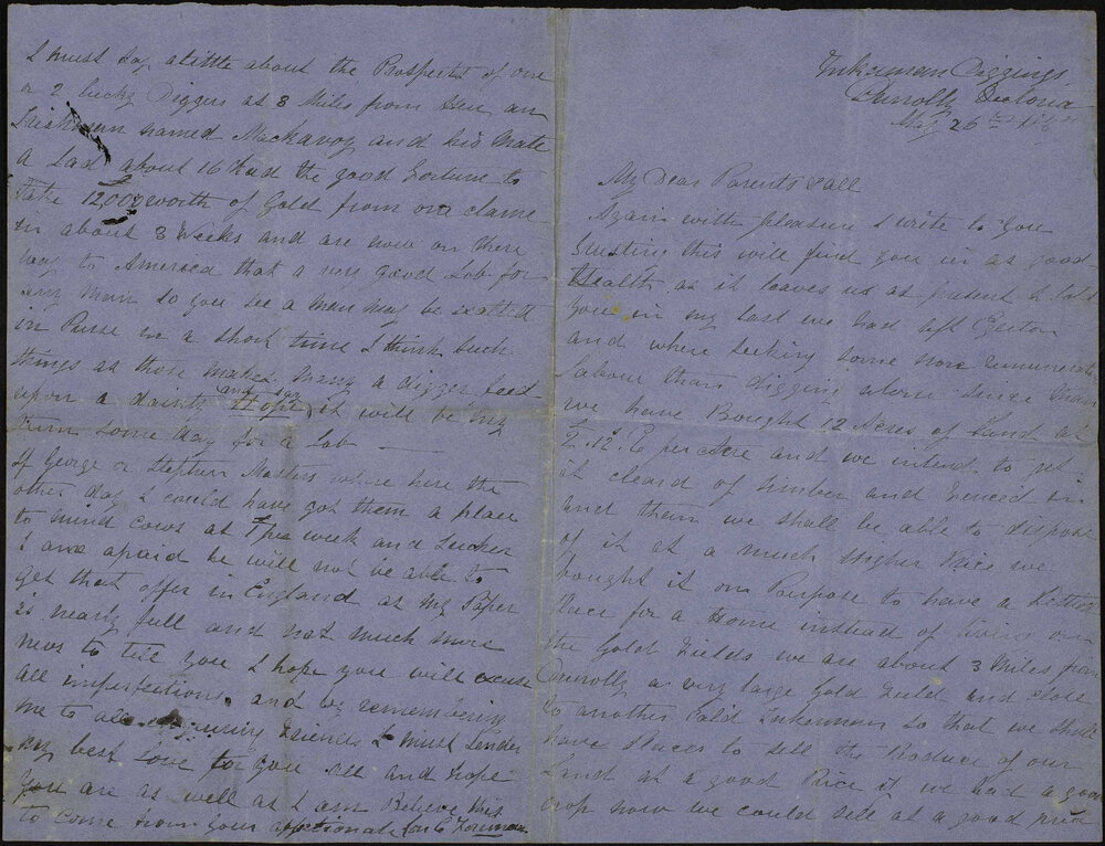 Charles Foreman, Inkerman Diggings, Dunolly, to parents and all.