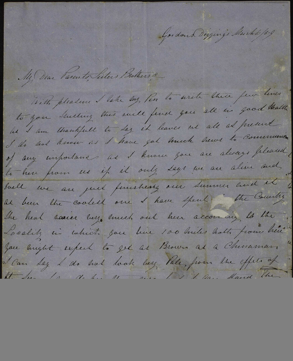 Charles and Jane Foreman, Gordon Diggings to parents, sisters, brother.