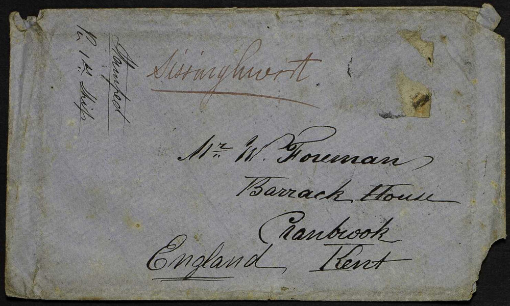 Letter to Mrs W. Foreman, Barrack House, Cranbrook, England, from unknown