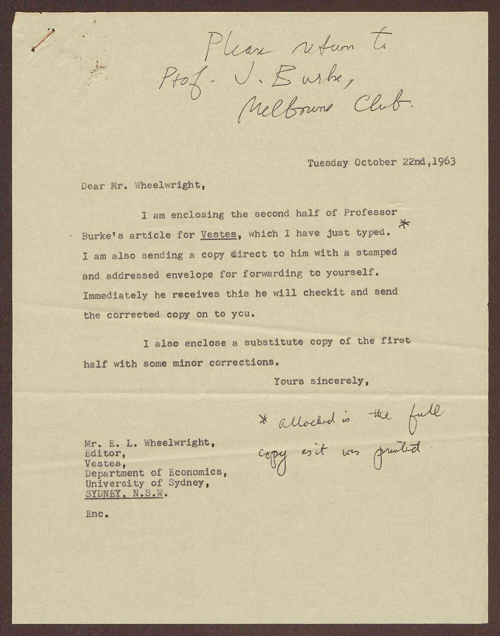 Correspondence: Burke&rsquo;s article for Vestes: The Fine Arts &amp; the Australian Universities