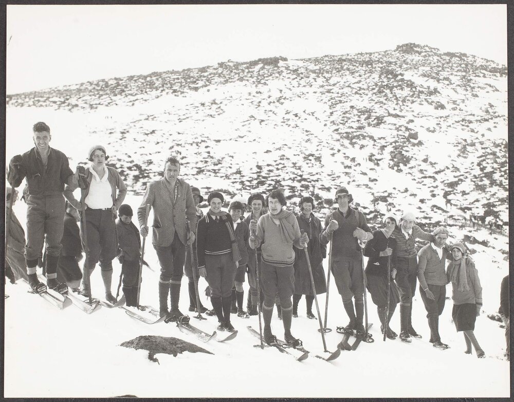 Skiers on summit of Mount Wellington, Hobart