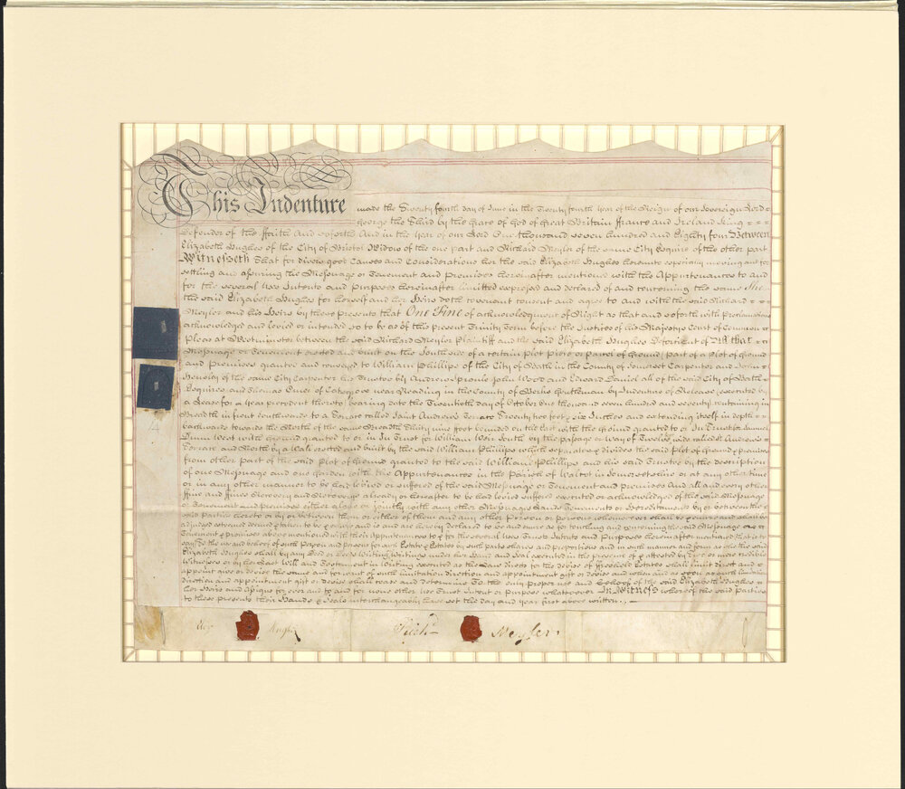 Indenture between Elizabeth Hughes, Widow, City of Bristol and Richard Meyler, also of Bristol. [Elizabeth Hughes nee Meyler, married Rev. John Hughes].