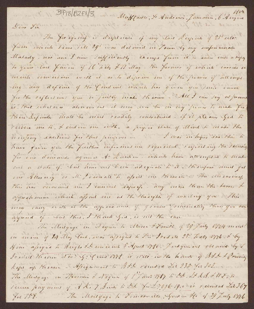 Letter to Lowbridge Bright, Bristol, from David Duncomb, St. Andrews Jamaica