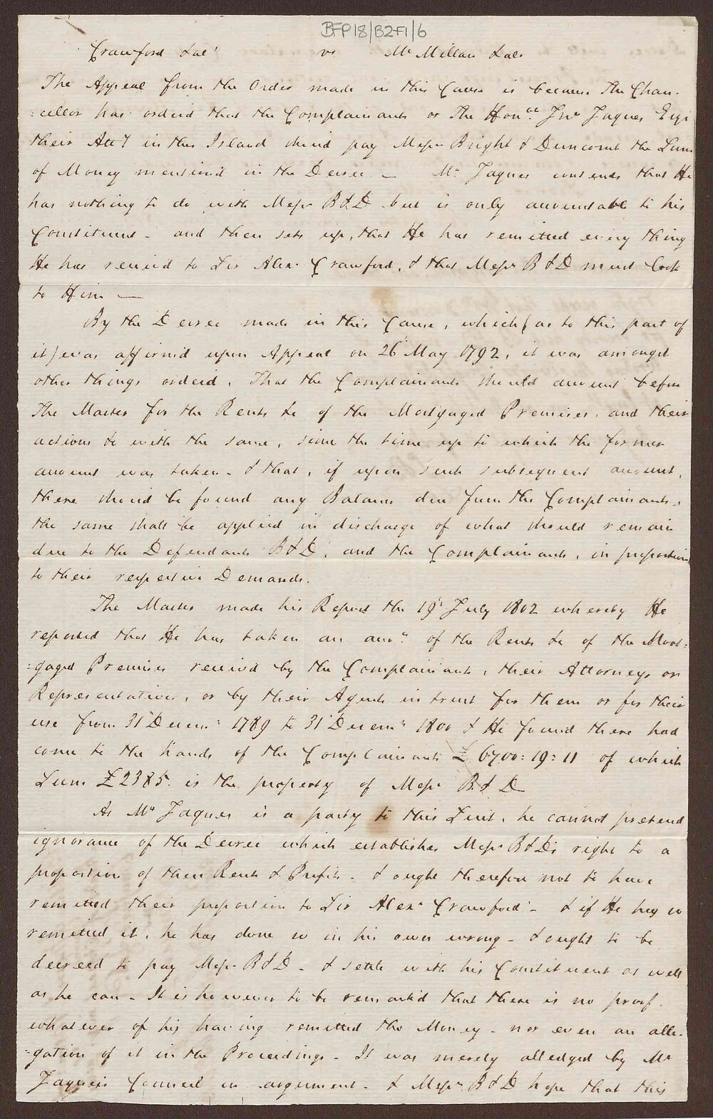 Memo of heads in the second appeal of case 'Crawford vs