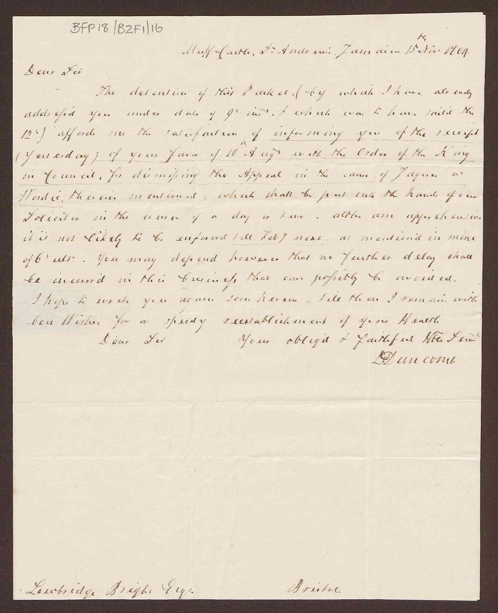 Letter to Lowbridge Bright, Bristol, from David Duncomb, Muff Castle, St. Andrews, Jamaica