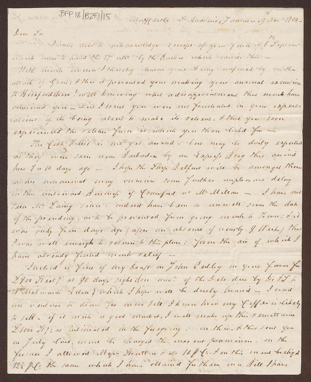 Letter to Lowbridge Bright, Bristol, from David Duncomb, Muff Castle, St. Andrews, Jamaica