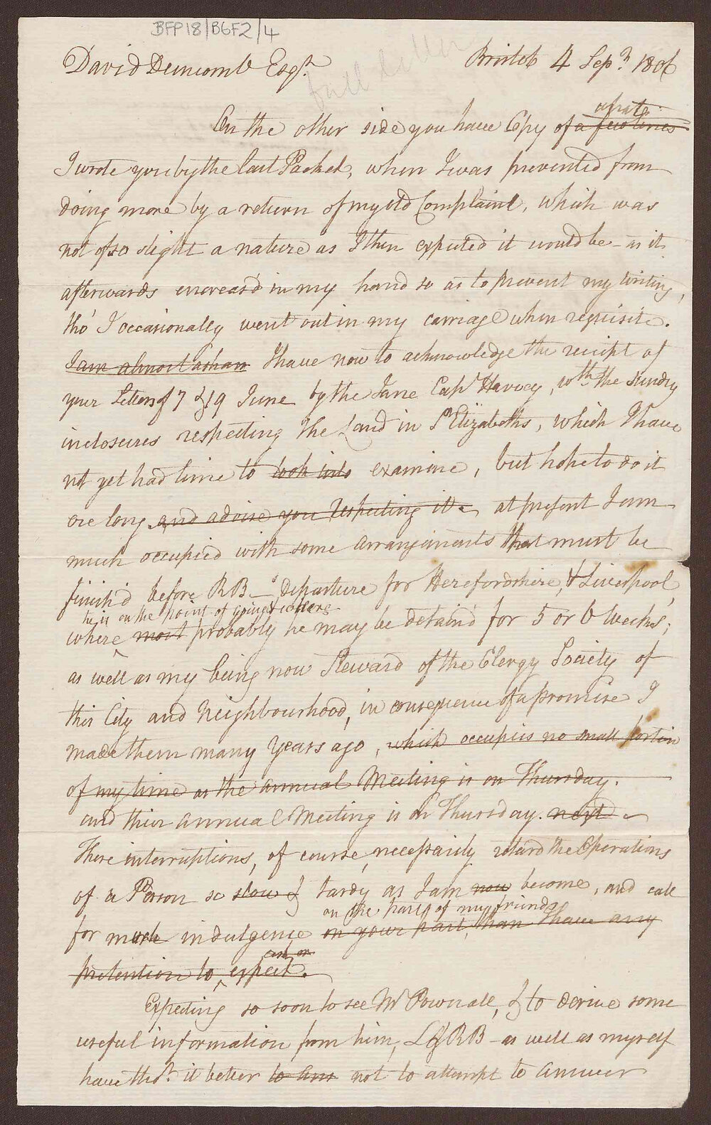 Letter to David Duncomb, Jamaica, from Lowbridge Bright, Bristol