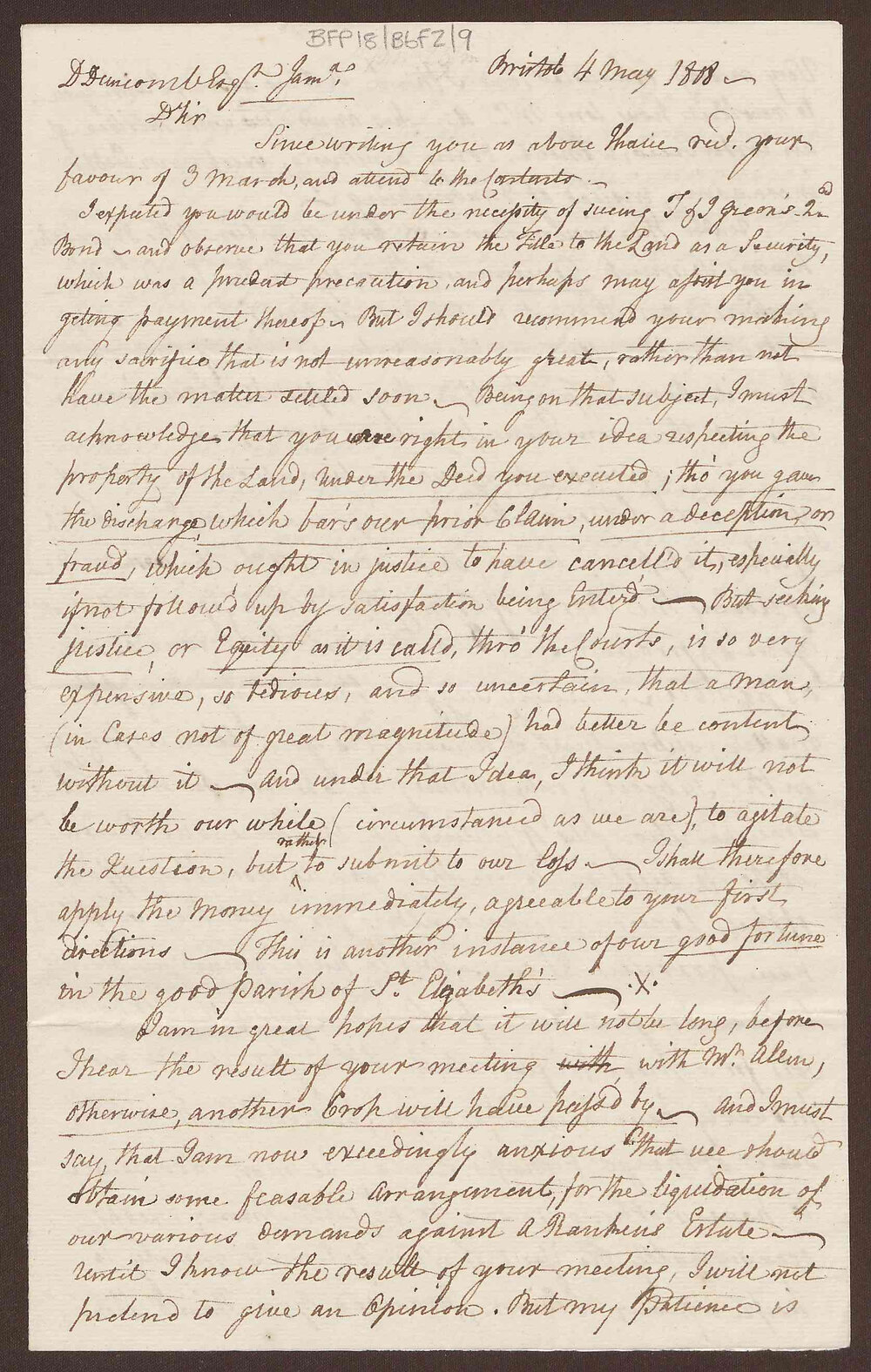 Letter to David Duncomb, Jamaica, from Lowbridge Bright, Bristol
