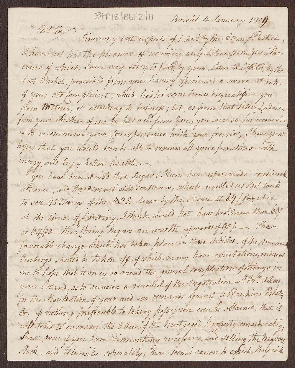 Letter to David Duncomb, Jamaica, from Lowbridge Bright, Bristol