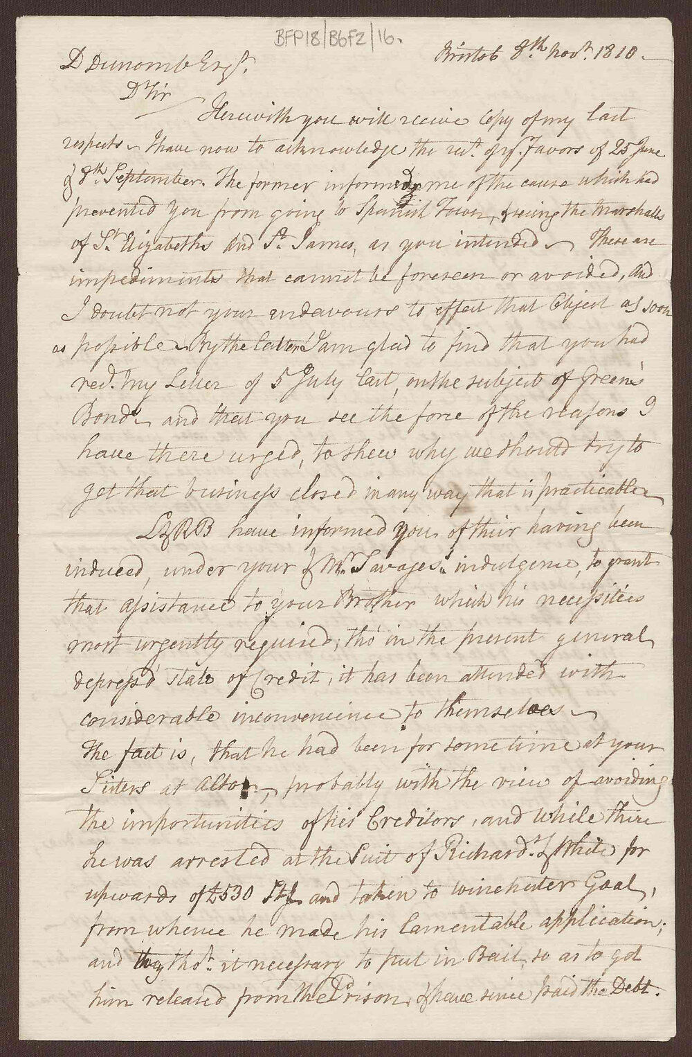 Letter to David Duncomb, Jamaica, from Lowbridge Bright, Bristol