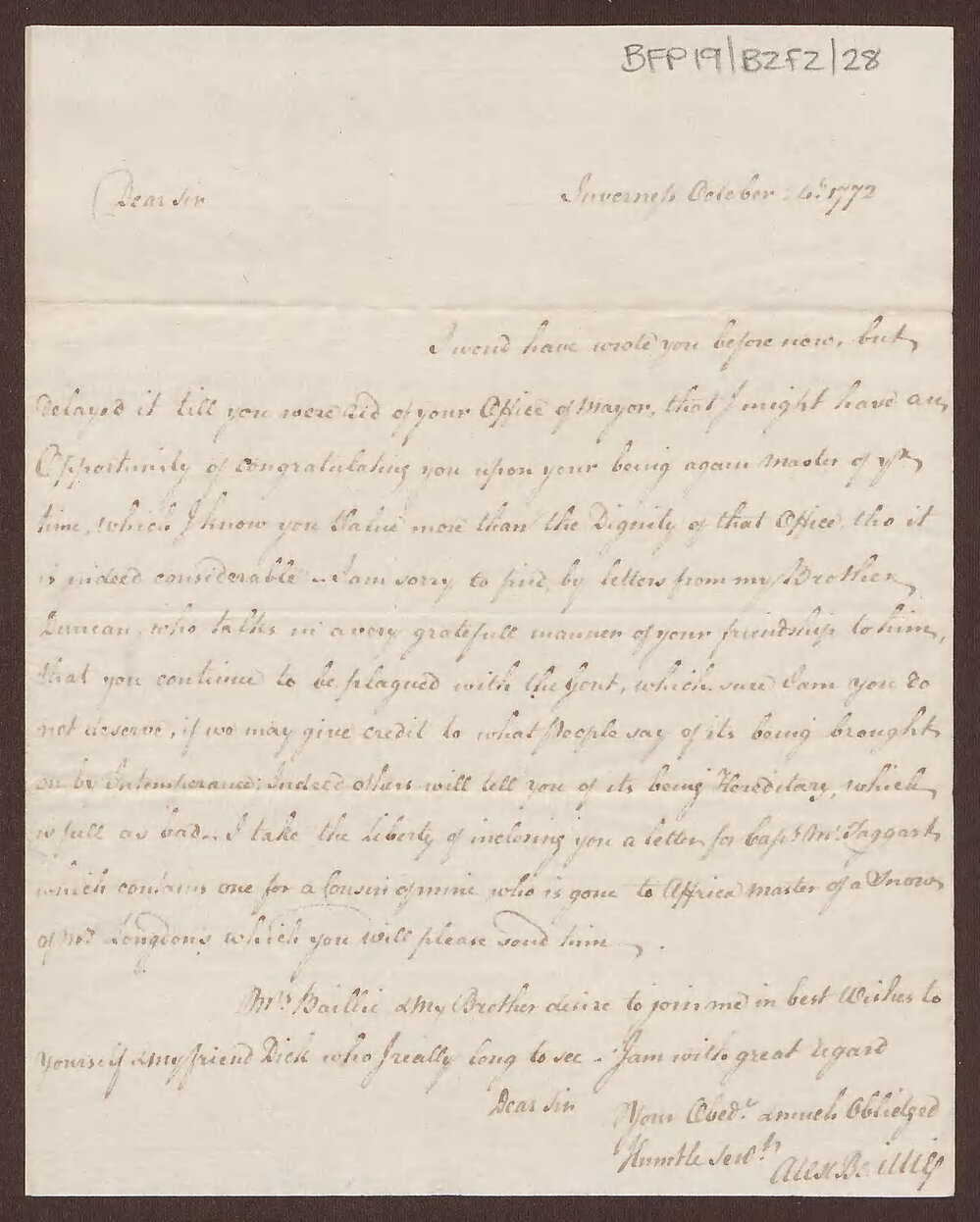 Letter to Henry Bright, Bristol, from Alex Baillie, Inverness