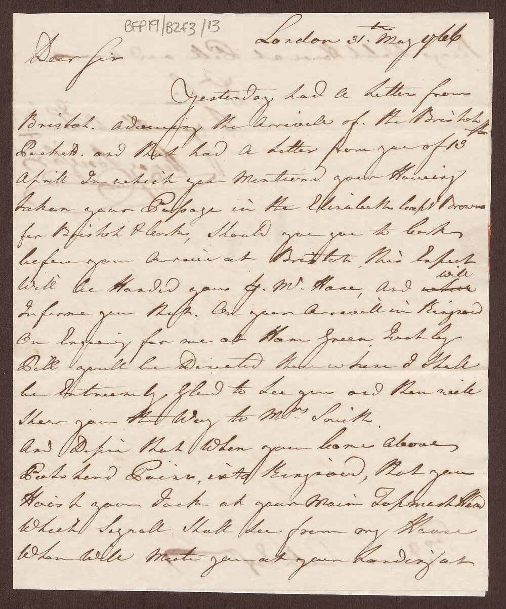 Letter to Henry Bright, Bristol, from James Smith
