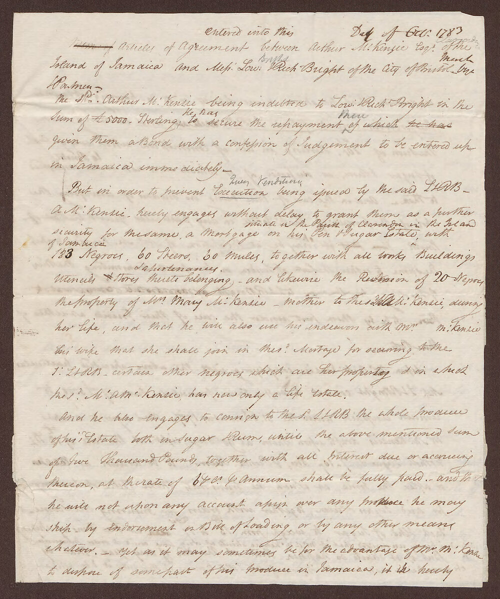 Articles of Agreement between Arthur McKenzie, Esq. of Jamaica and Messrs. Lowbridge and Richard Bright of Bristol