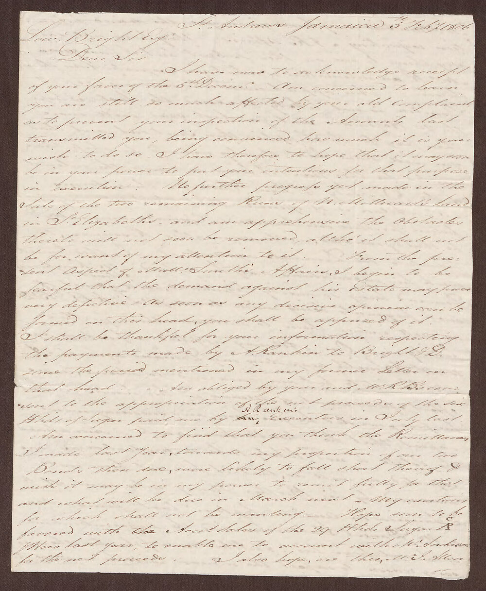 Letter to Lowbridge Bright, Bristol from D. Duncomb, Jamaica