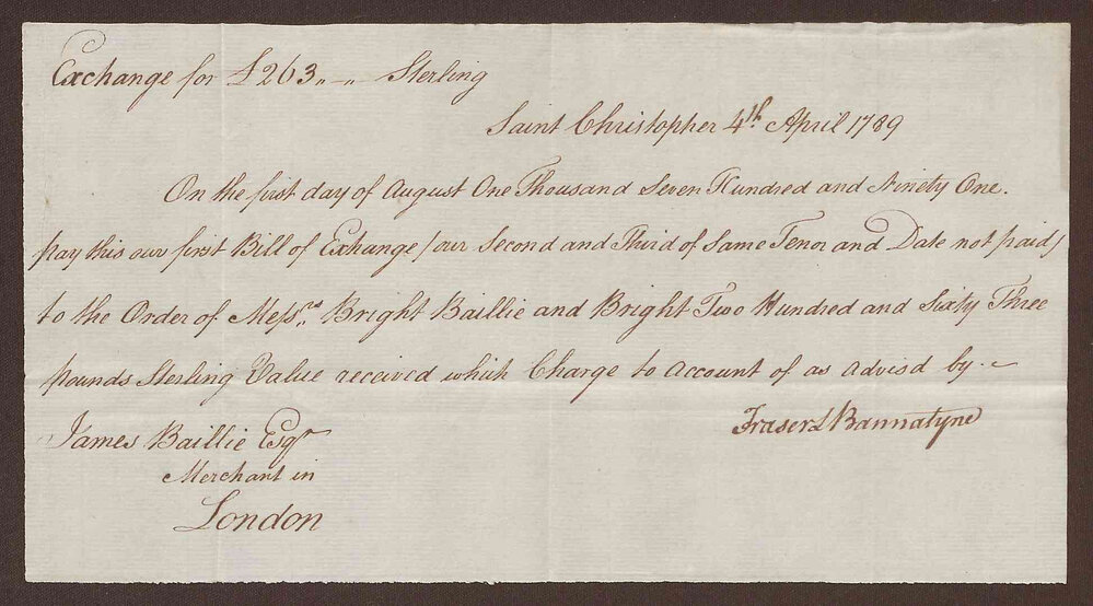 Letter to James Baillie, London from Fraser &amp; Bannatyne, St. Christopher