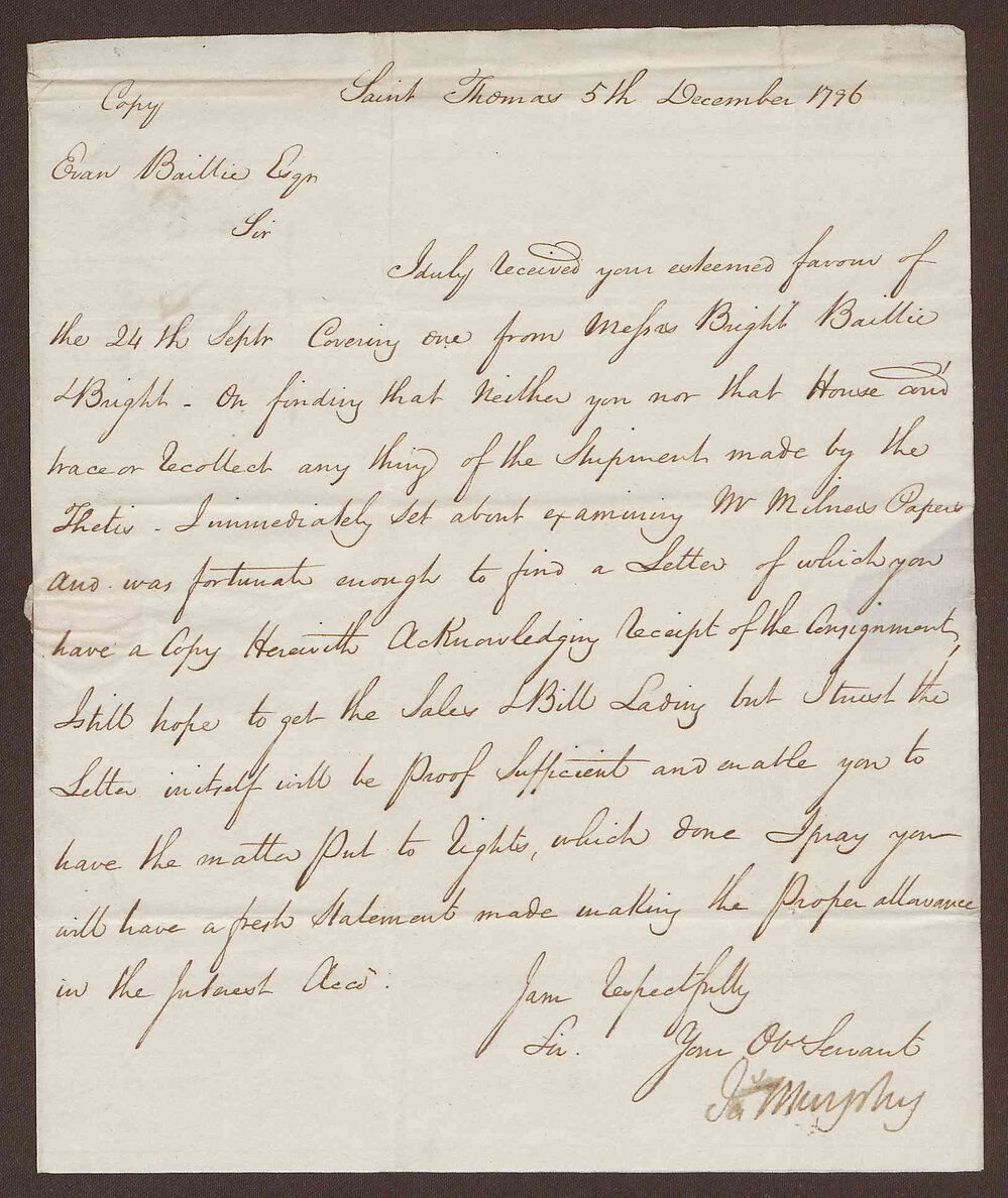 Letter to Evan Baillie from W Murphy, St. Thomas