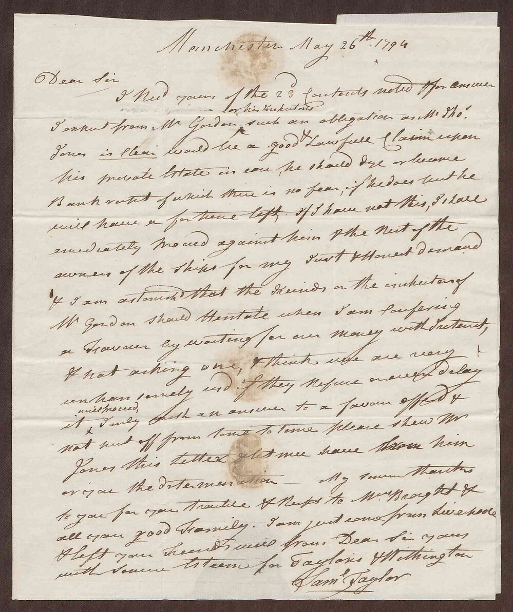 Letter to Richard Bright, Bristol from Sam[ue]l Taylor, Manchester