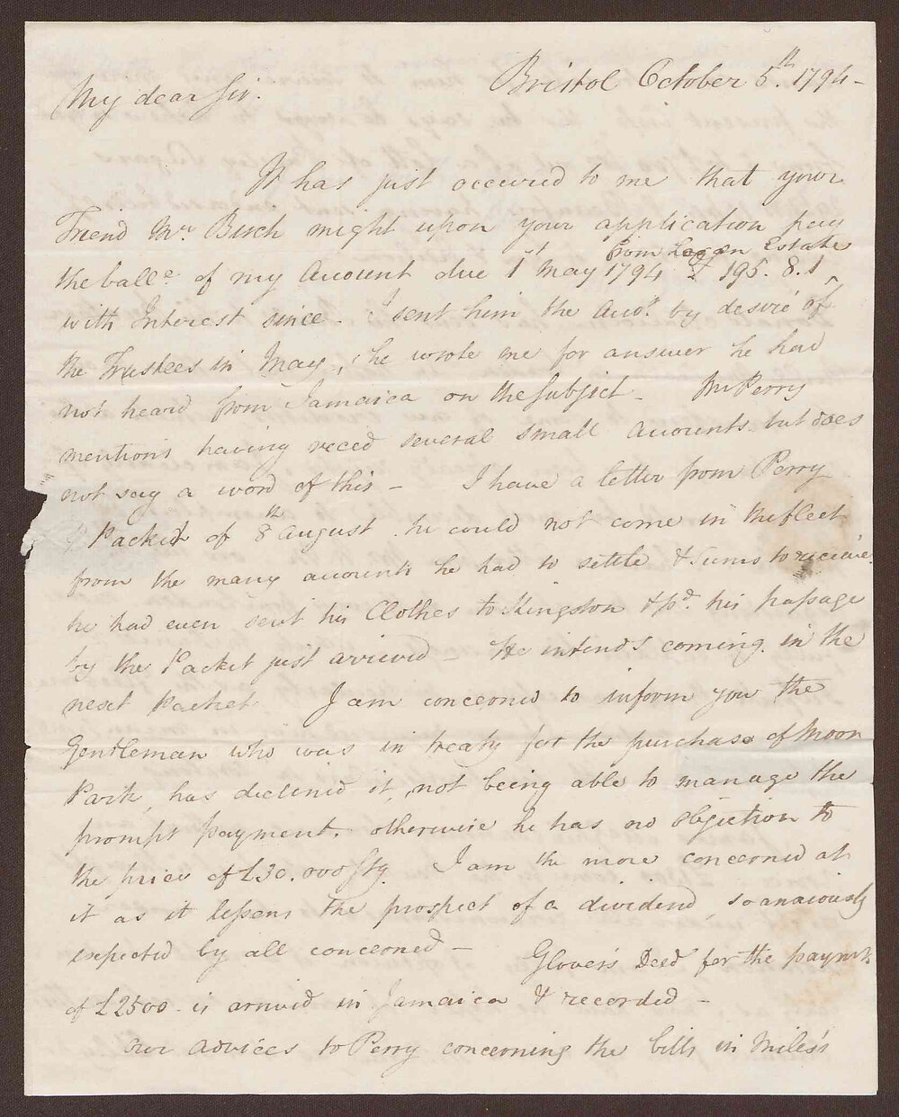 Letter to Richard Bright Esq., at Heywood's Esq., Liverpool, from John Gordon, Bristol