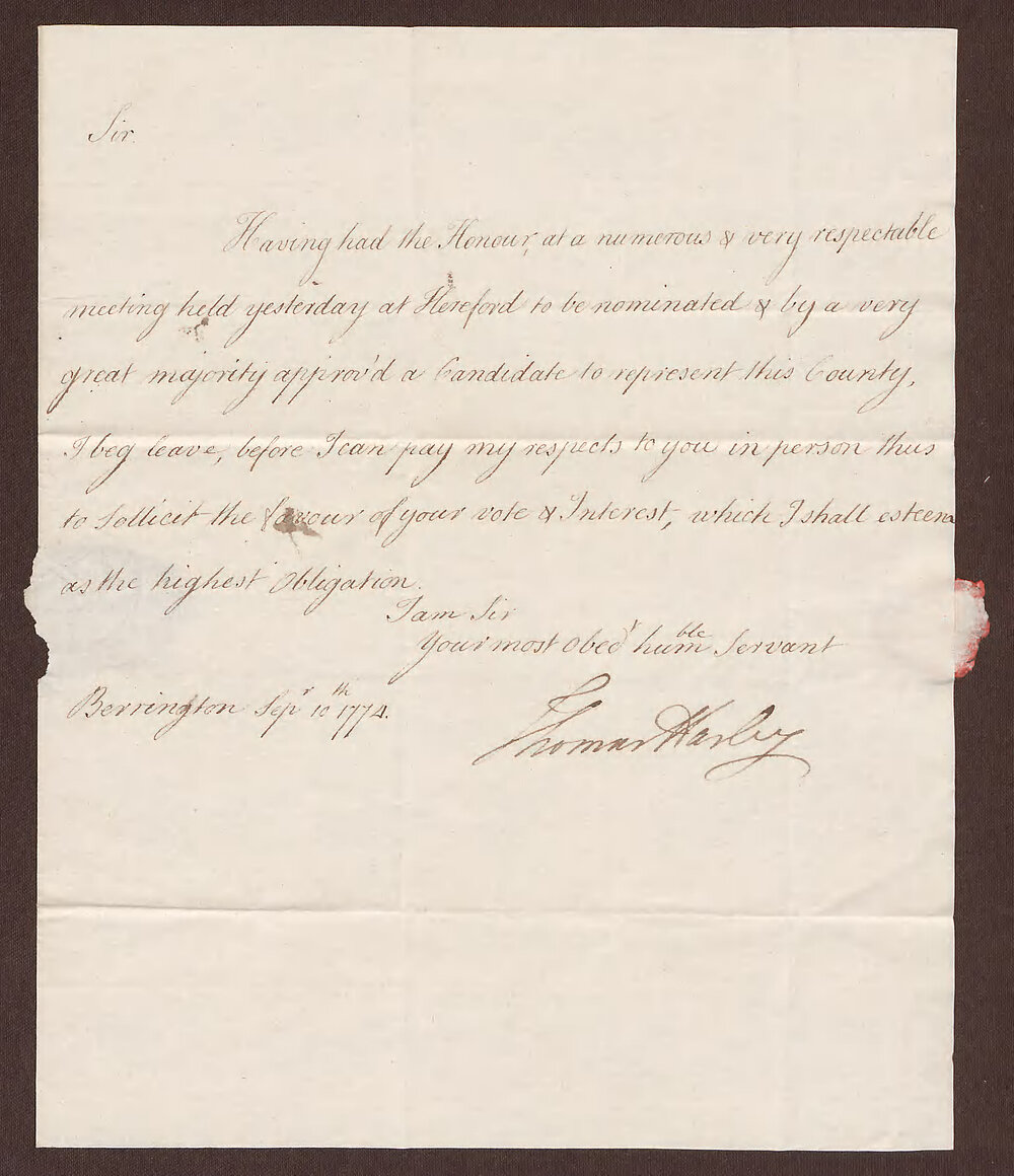 Letter to Henry Bright Esq., Bristol, from Thomas Harley, Berrington