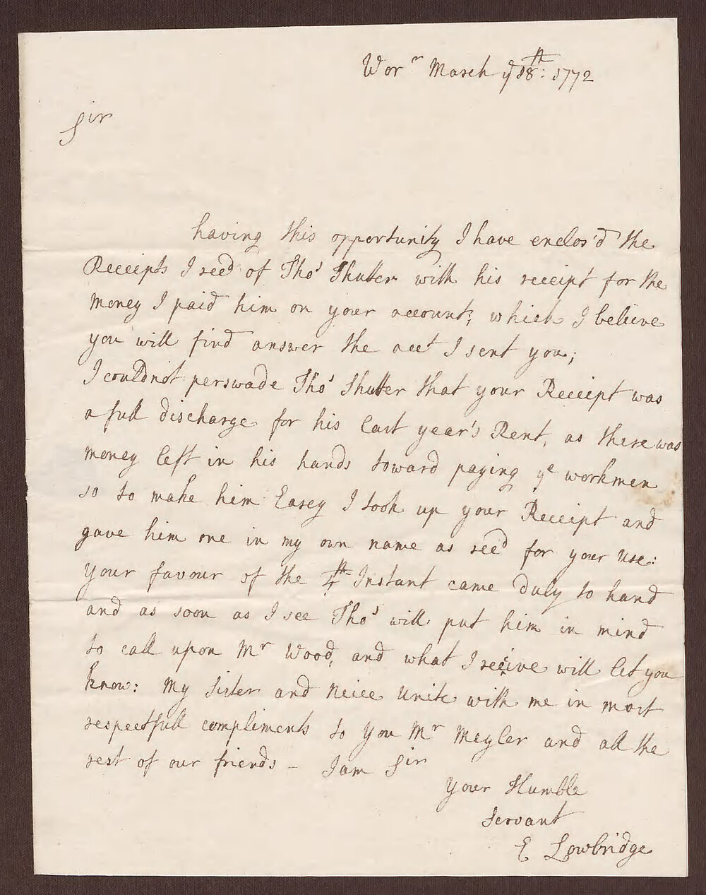Letter to Henry Bright Esq., from Elizabeth Lowbridge, Worcester