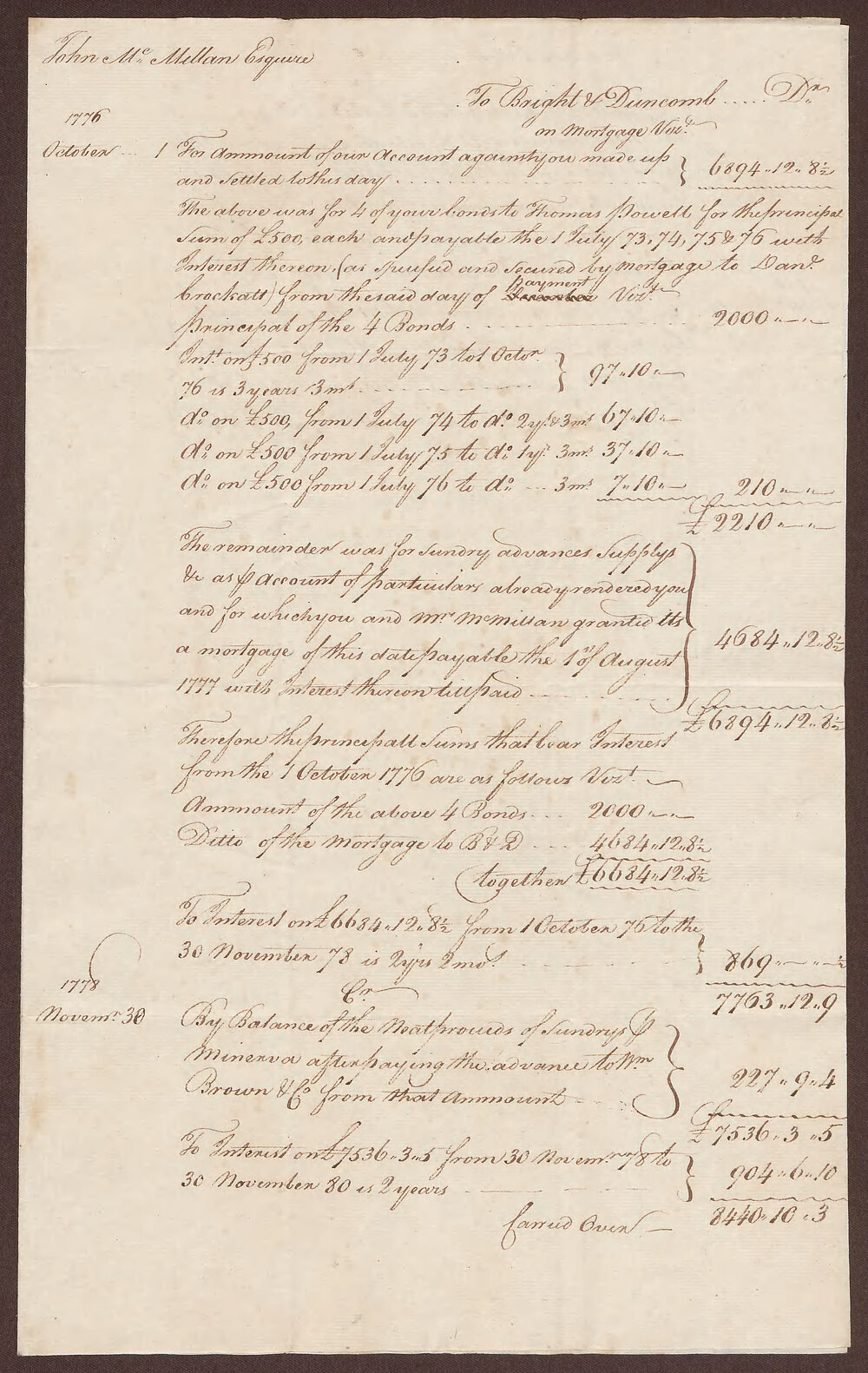 John McMillan's Mortgage account with Bright &amp; Duncomb to 30 November, 1780