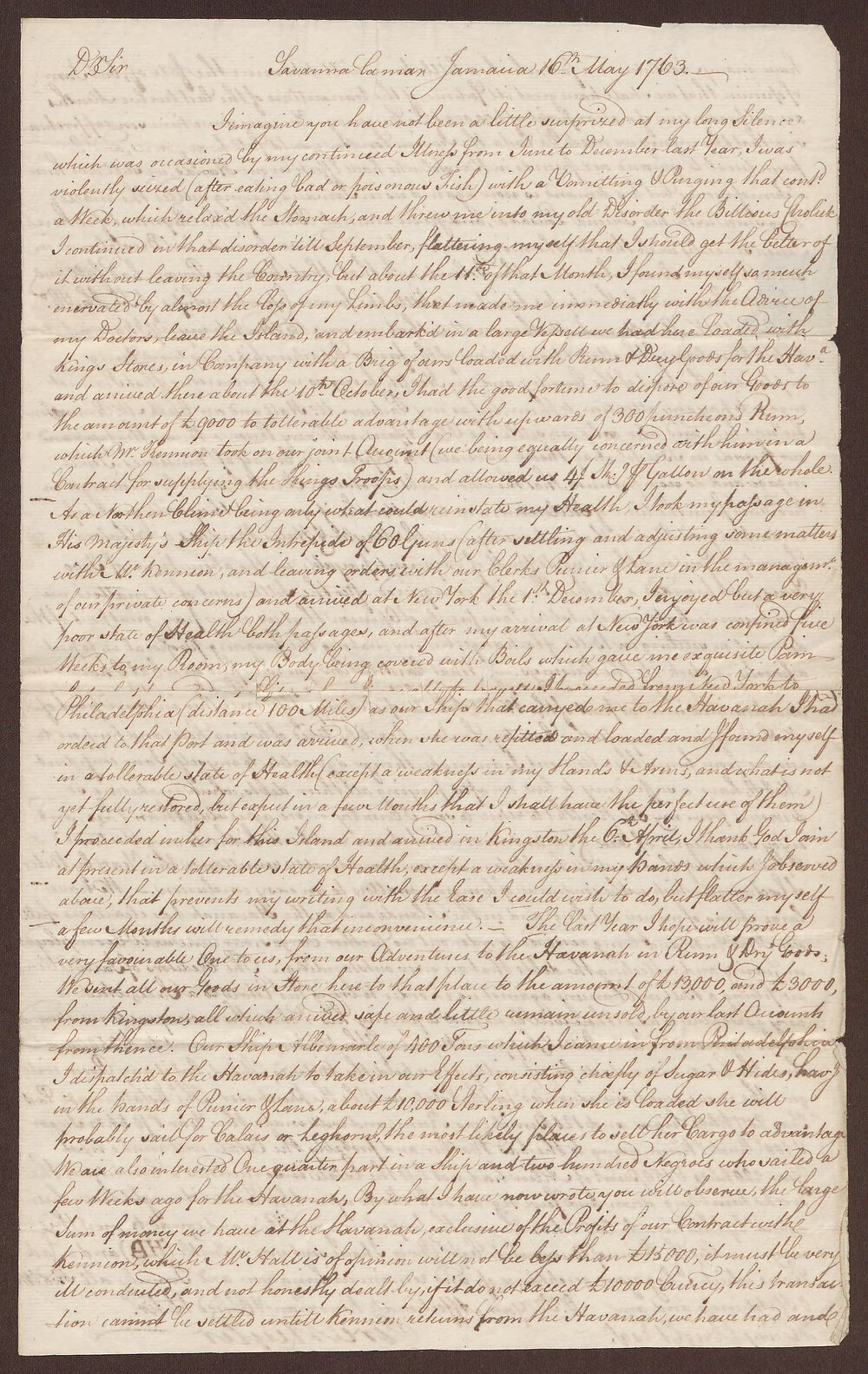 Letter to Henry Bright, Bristol, from Jeremiah Meyler, Savanna La Mar, Jamaica