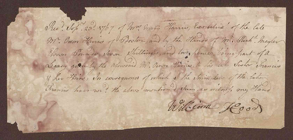 Receipt for payment by Richard Meyler on behalf of Owen Harris' Executrix Mary Harris