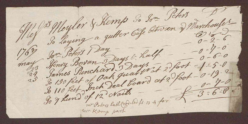 Meyler &amp; Kemps [Account with] John Peters 'about laying the Gutter betwit myne &amp; his house'