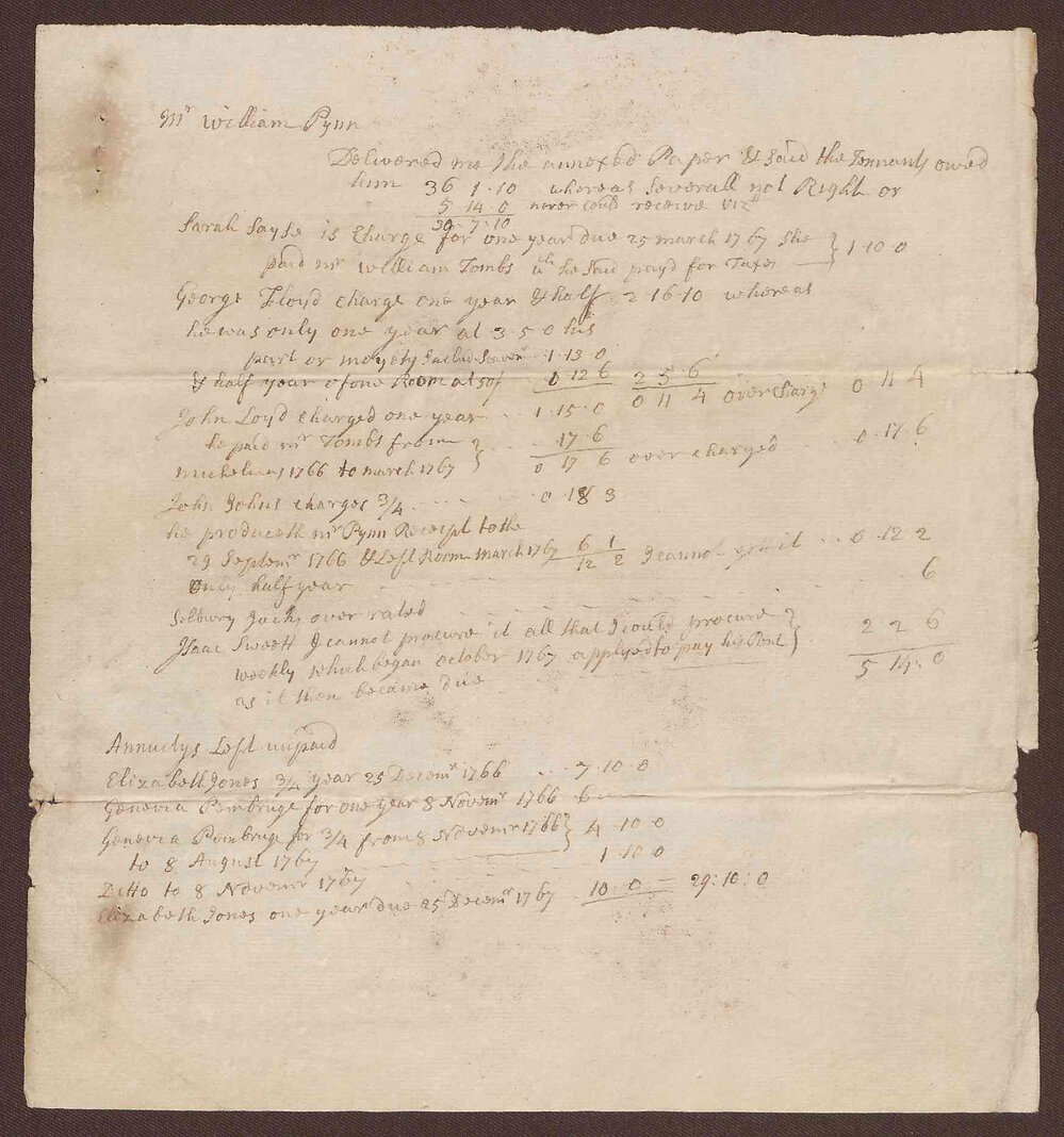 Re: Rents due in Porters entry, 29 September 1766-29 September 1767
