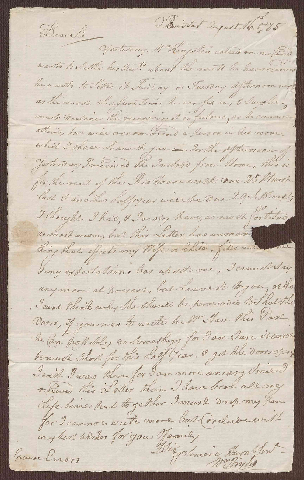 Letter to R. Bright from Wm Bright