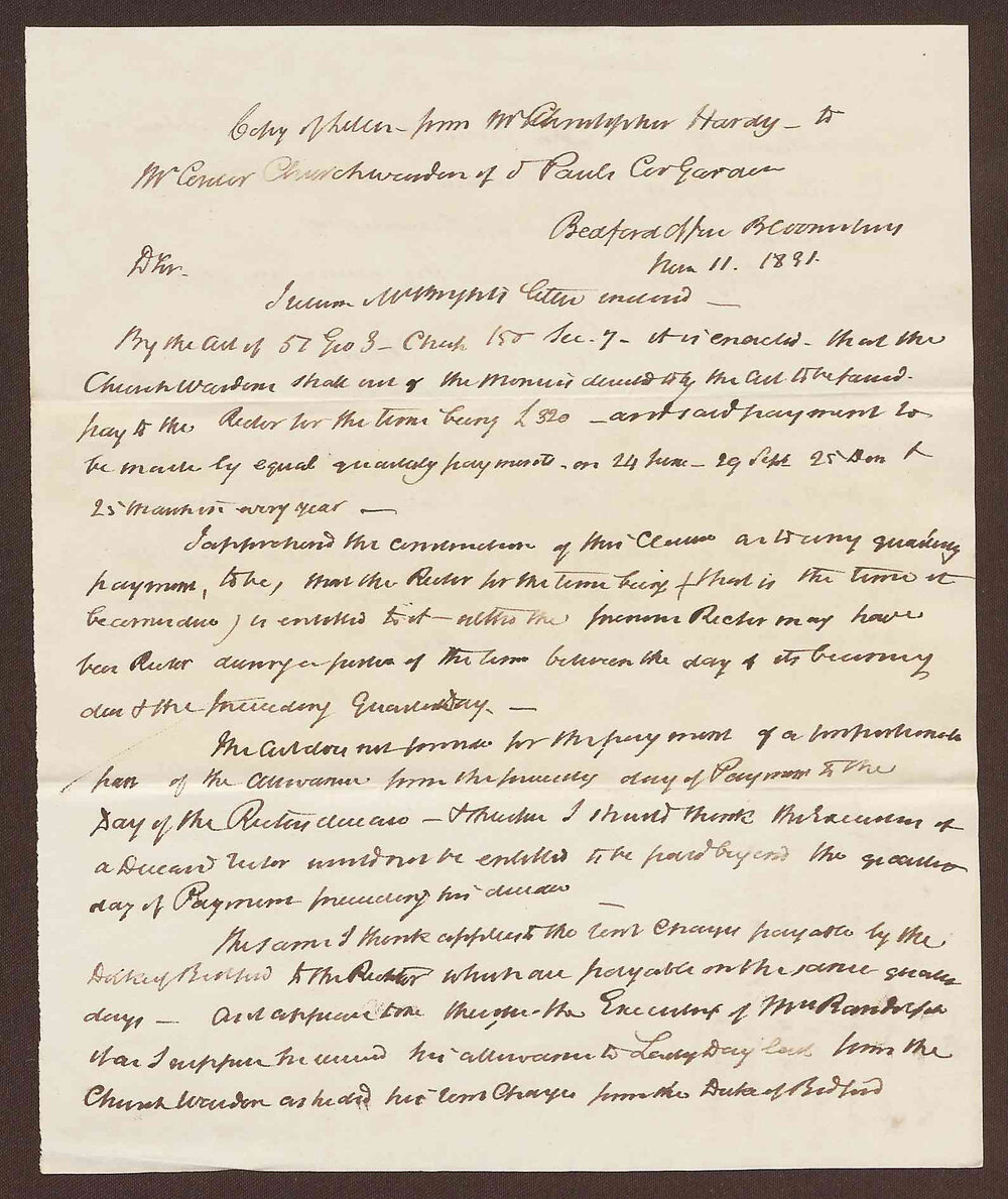 Letter to Church warden of St. Pauls from Christopher Hardy