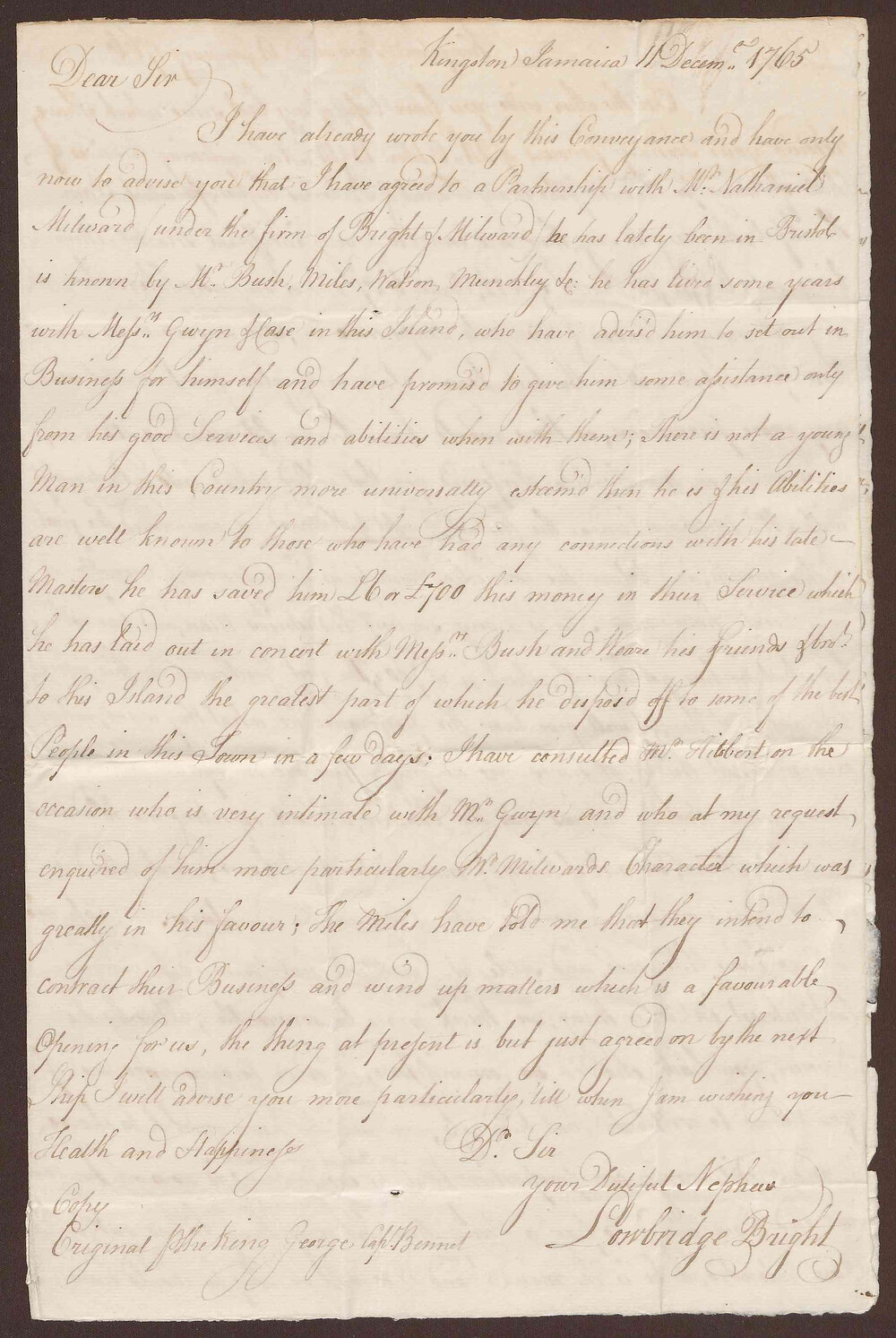 Two letters to Henry Bright from Lowbridge, Kingston, Jamaica. Dated 11 December 1765 and 14 January 1766.