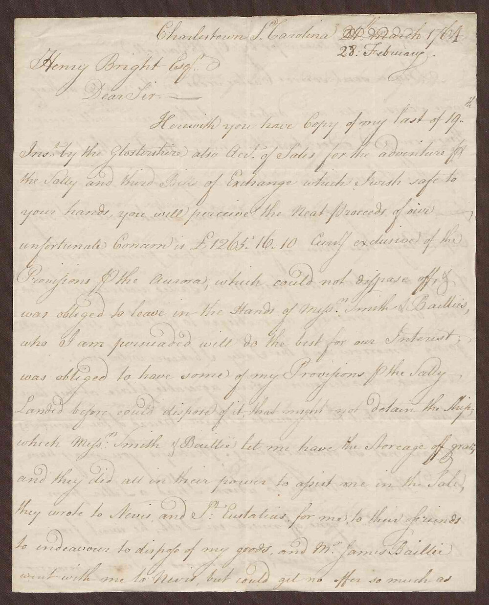 Letter to Henry Bright from Lowbridge Bright, Charlestown, S. Carolina