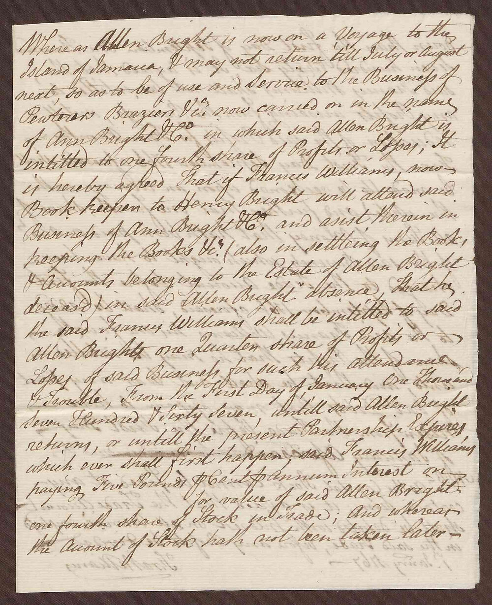 Details of business agreement between Ann and Allen Bright and Frances Williams.