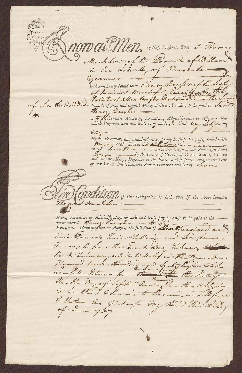 Bond for Thomas Mucklow to Henry Bright
