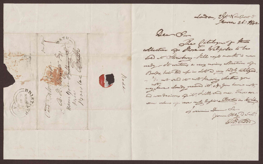 Letter to B[enjamin] H[eywood] Bright Esq. from Mr. Thomas Rodd, bookseller, London