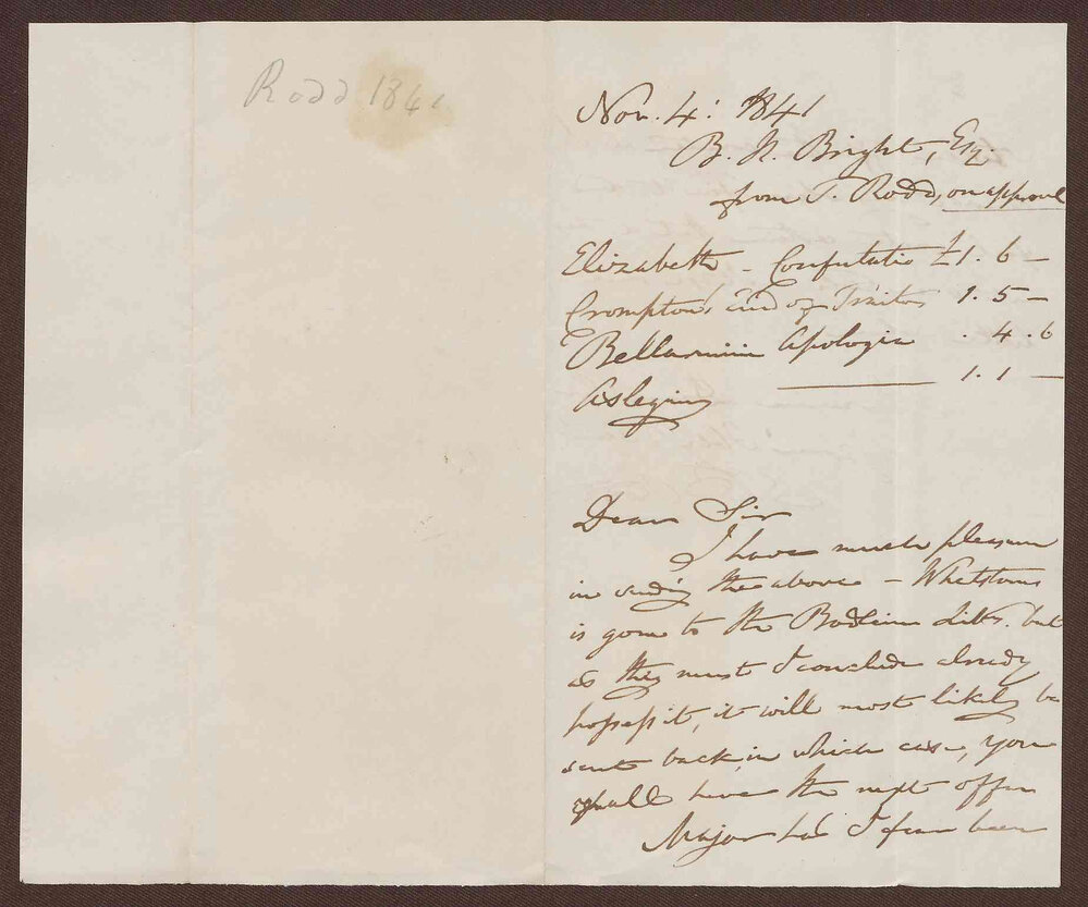 Letter to B[enjamin] H[eywood] Bright Esq. from Mr. Thomas Rodd, bookseller, London