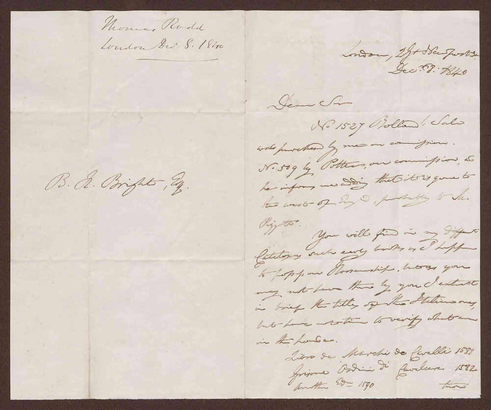 Letter to B[enjamin] H[eywood] Bright Esq. from Mr. Thomas Rodd, bookseller, London