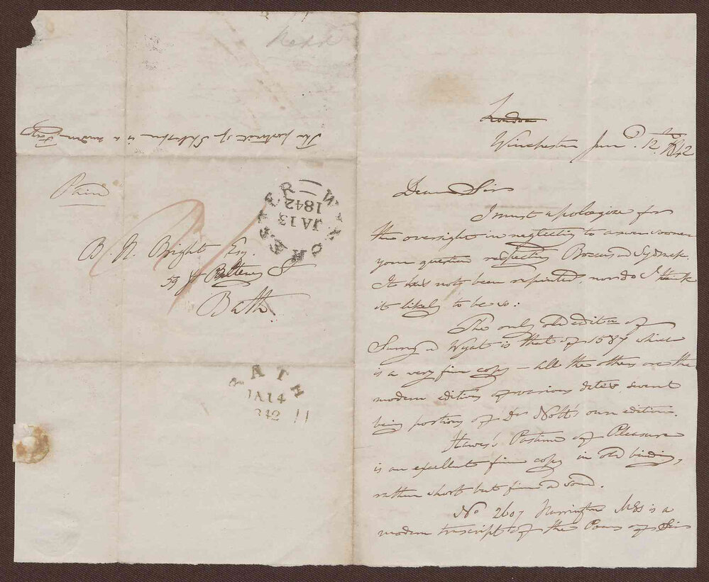 Letter to B[enjamin] H[eywood] Bright Esq. from Mr. Thomas Rodd, bookseller, London