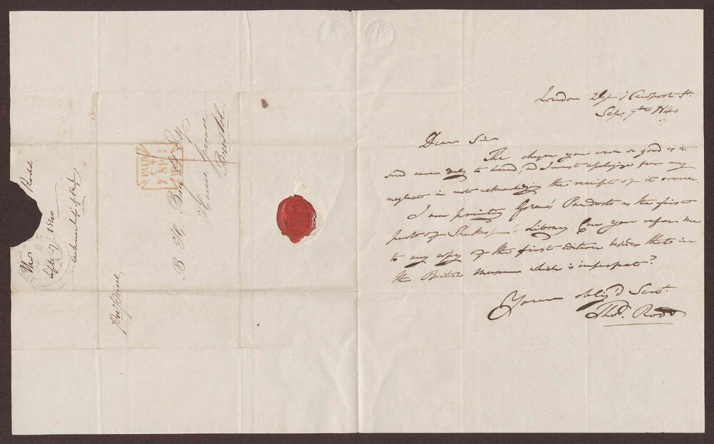 Letter to B[enjamin] H[eywood] Bright Esq. from Mr. Thomas Rodd, bookseller, London