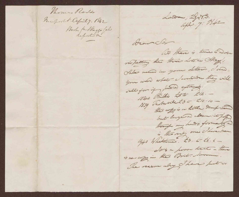 Letter to B[enjamin] H[eywood] Bright Esq. from Mr. Thomas Rodd, bookseller, London