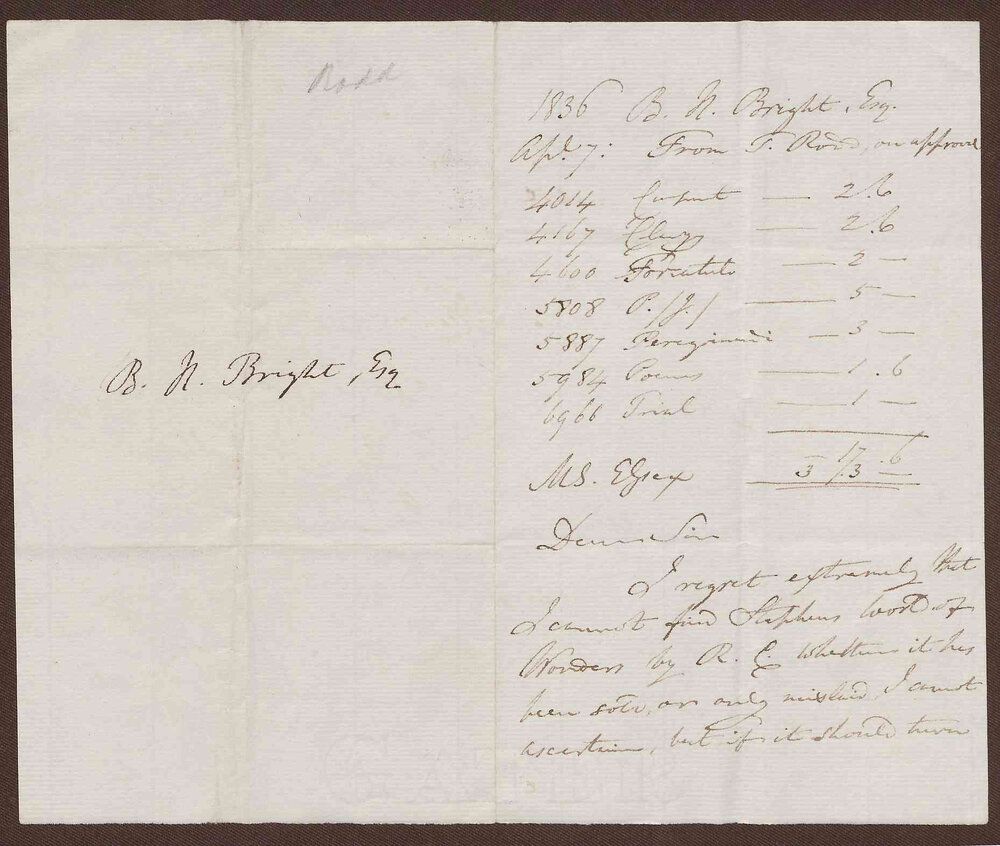 Letter to B[enjamin] H[eywood] Bright Esq. from Mr. Thomas Rodd, bookseller, London