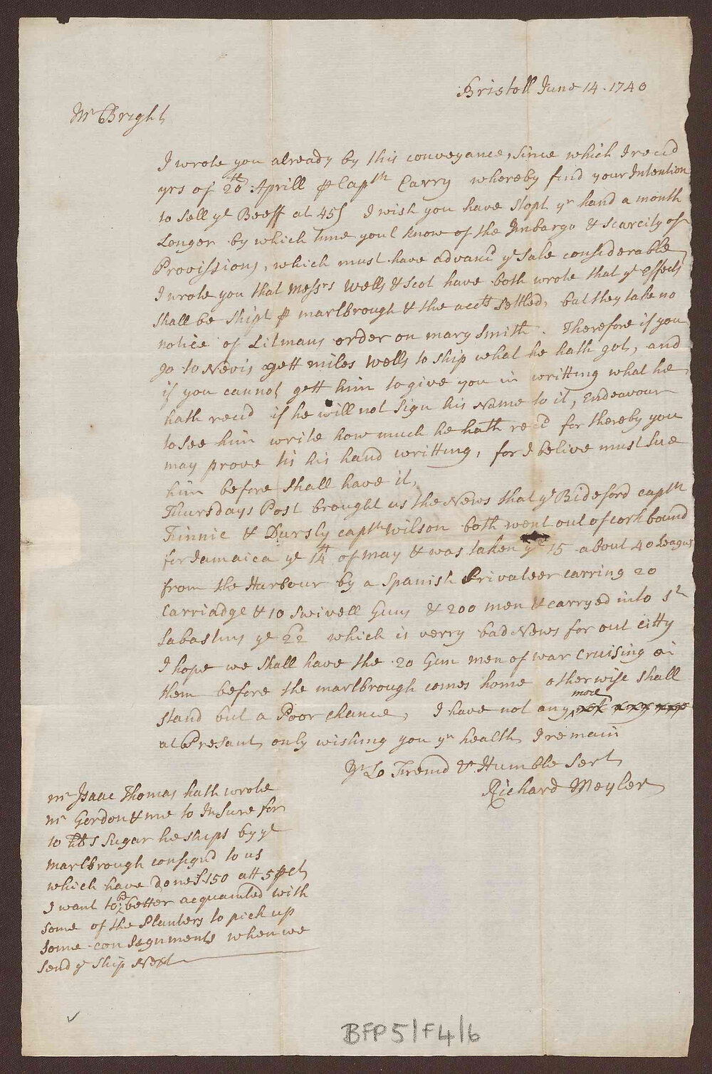 Letter to Henry Bright, St Christopher's, West Indies, from Richard Meyler, Bristol